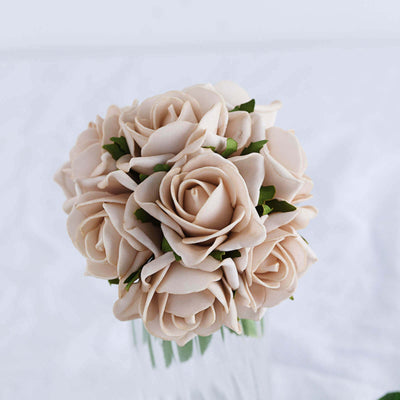 24 Roses 2" Champagne Artificial Foam Flowers With Stem Wire and Leaves - Linen Luxes