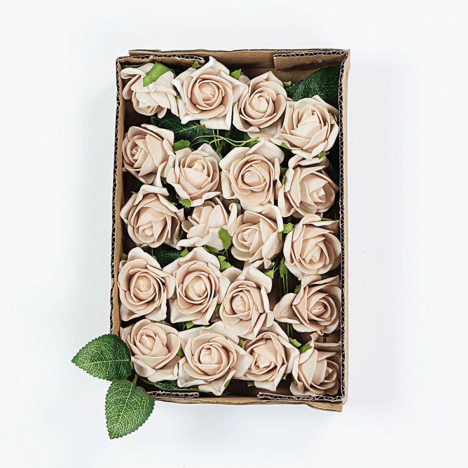 24 Roses 2" Champagne Artificial Foam Flowers With Stem Wire and Leaves - Linen Luxes