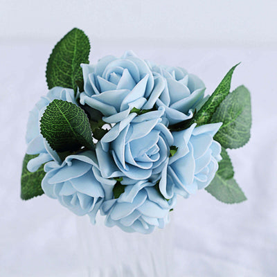 24 Roses 2" Dusty Blue Artificial Foam Flowers With Stem Wire and Leaves - Linen Luxes