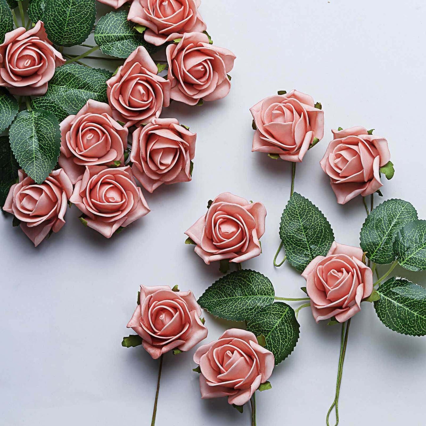 24 Roses 2" Dusty Rose Artificial Foam Flowers With Stem Wire and Leaves - Linen Luxes