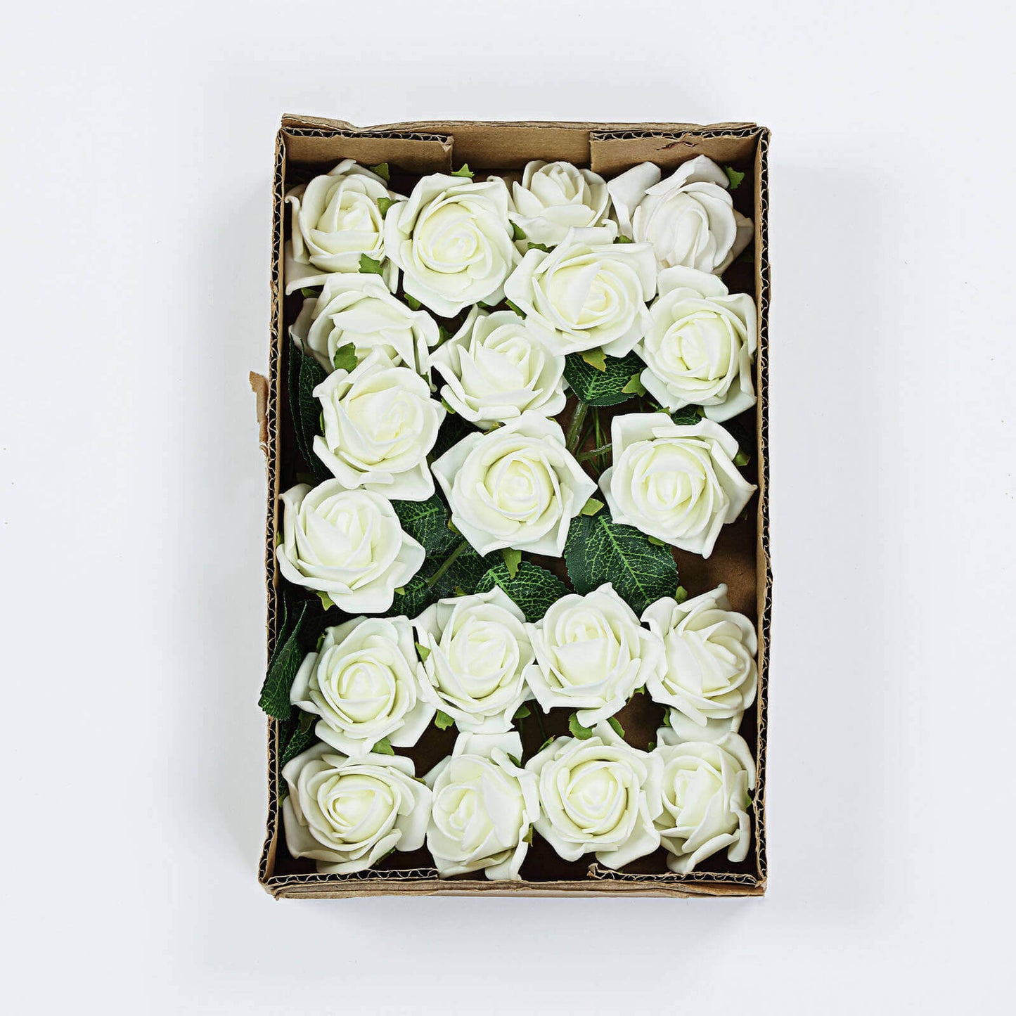 24 Roses 2" Ivory Artificial Foam Flowers With Stem Wire and Leaves - Linen Luxes
