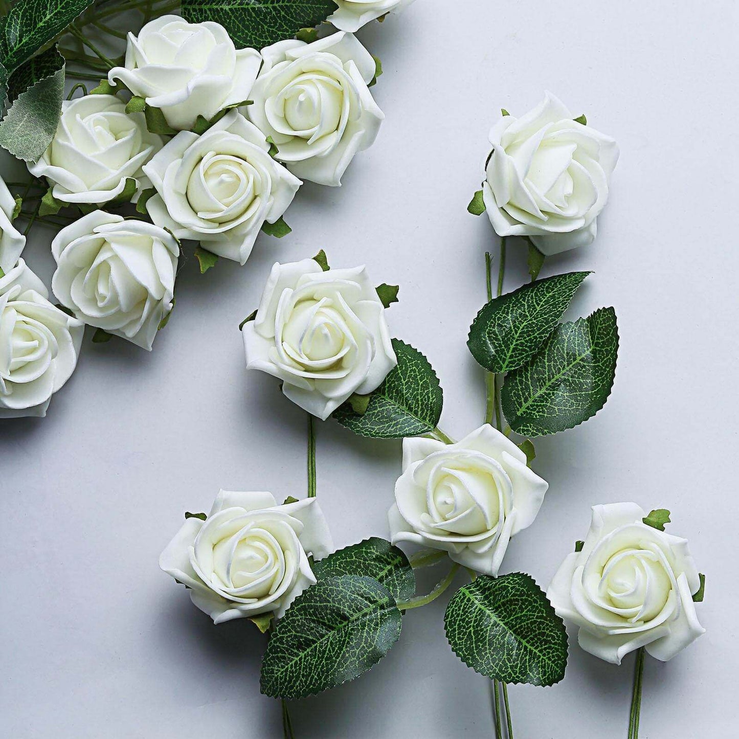 24 Roses 2" Ivory Artificial Foam Flowers With Stem Wire and Leaves - Linen Luxes