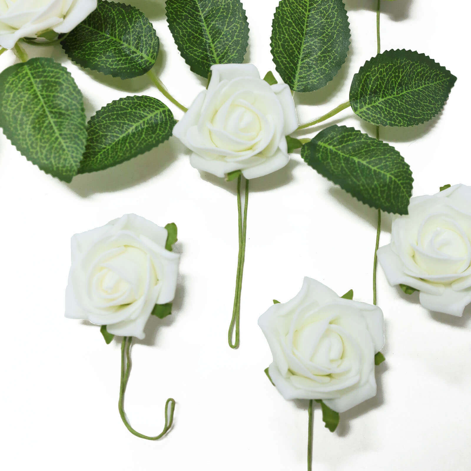 24 Roses 2" Ivory Artificial Foam Flowers With Stem Wire and Leaves - Linen Luxes