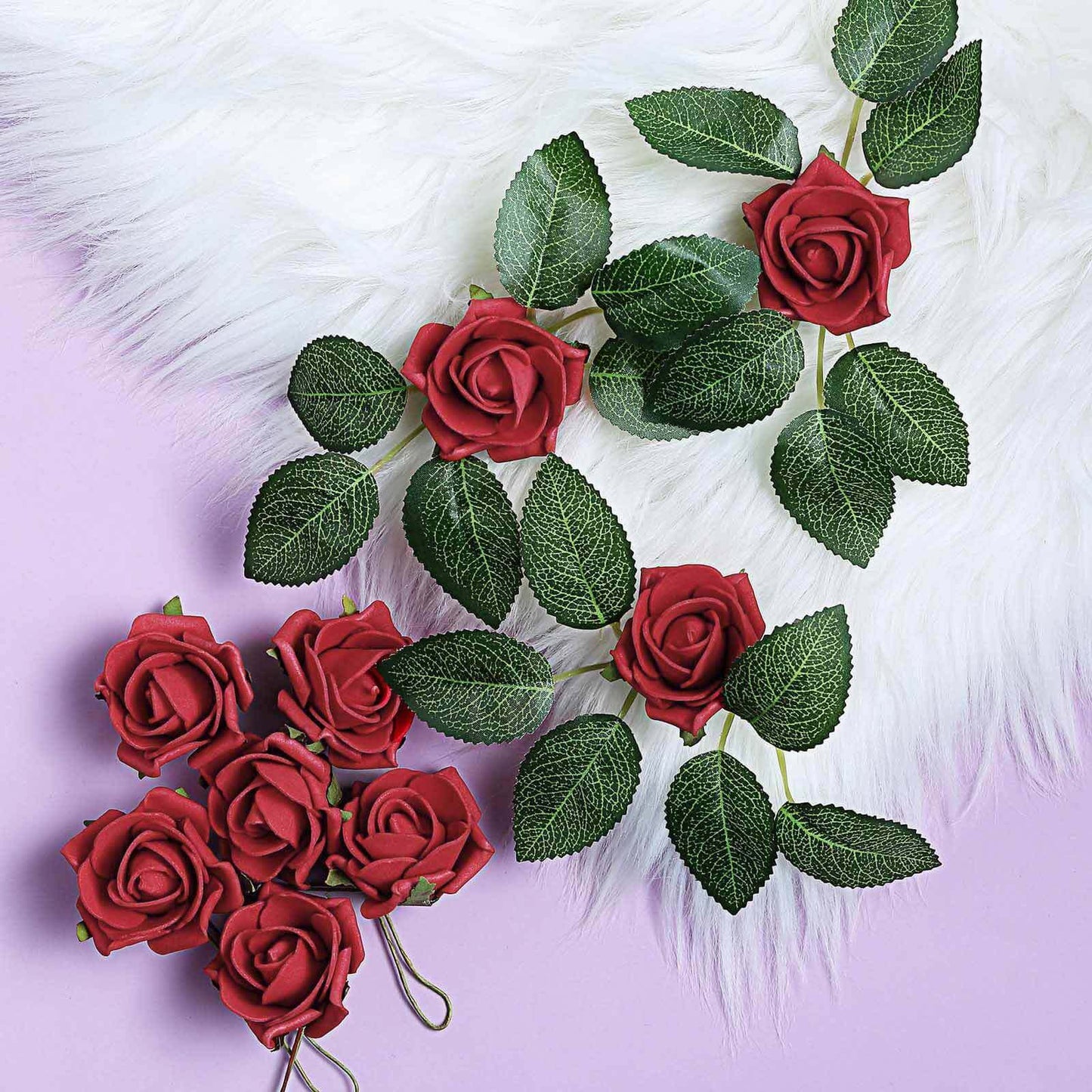 24 Roses 2" Red Artificial Foam Flowers With Stem Wire and Leaves - Linen Luxes