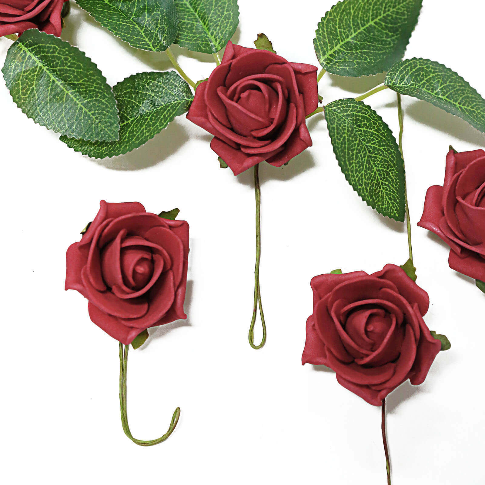 24 Roses 2" Red Artificial Foam Flowers With Stem Wire and Leaves - Linen Luxes