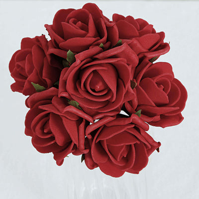 24 Roses 2" Red Artificial Foam Flowers With Stem Wire and Leaves - Linen Luxes