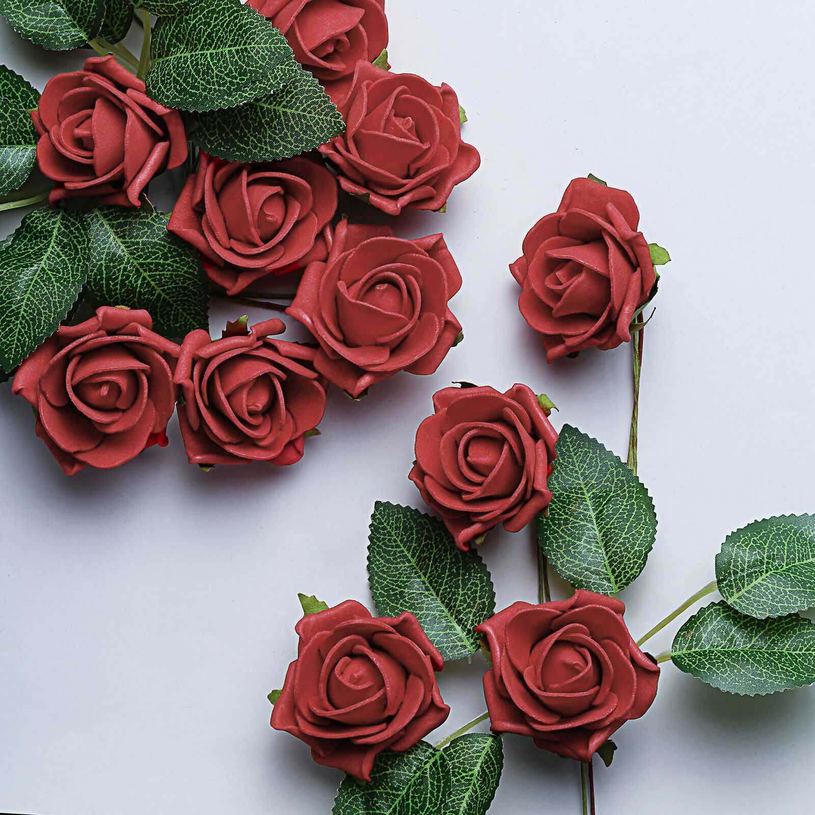 24 Roses 2" Red Artificial Foam Flowers With Stem Wire and Leaves - Linen Luxes