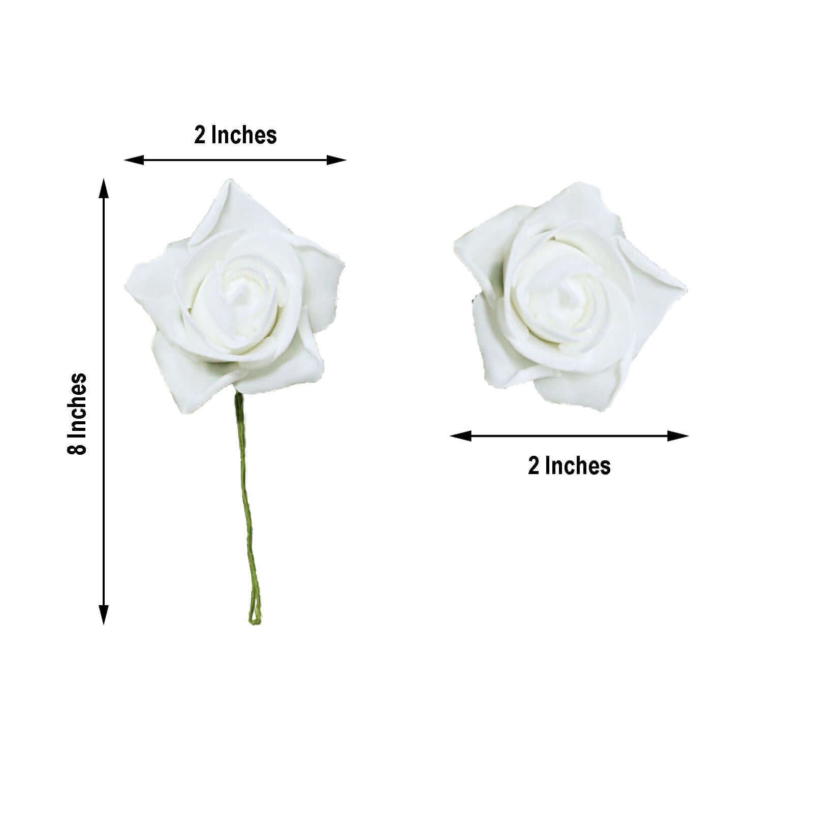 24 Roses 2" White Artificial Foam Flowers With Stem Wire and Leaves - Linen Luxes
