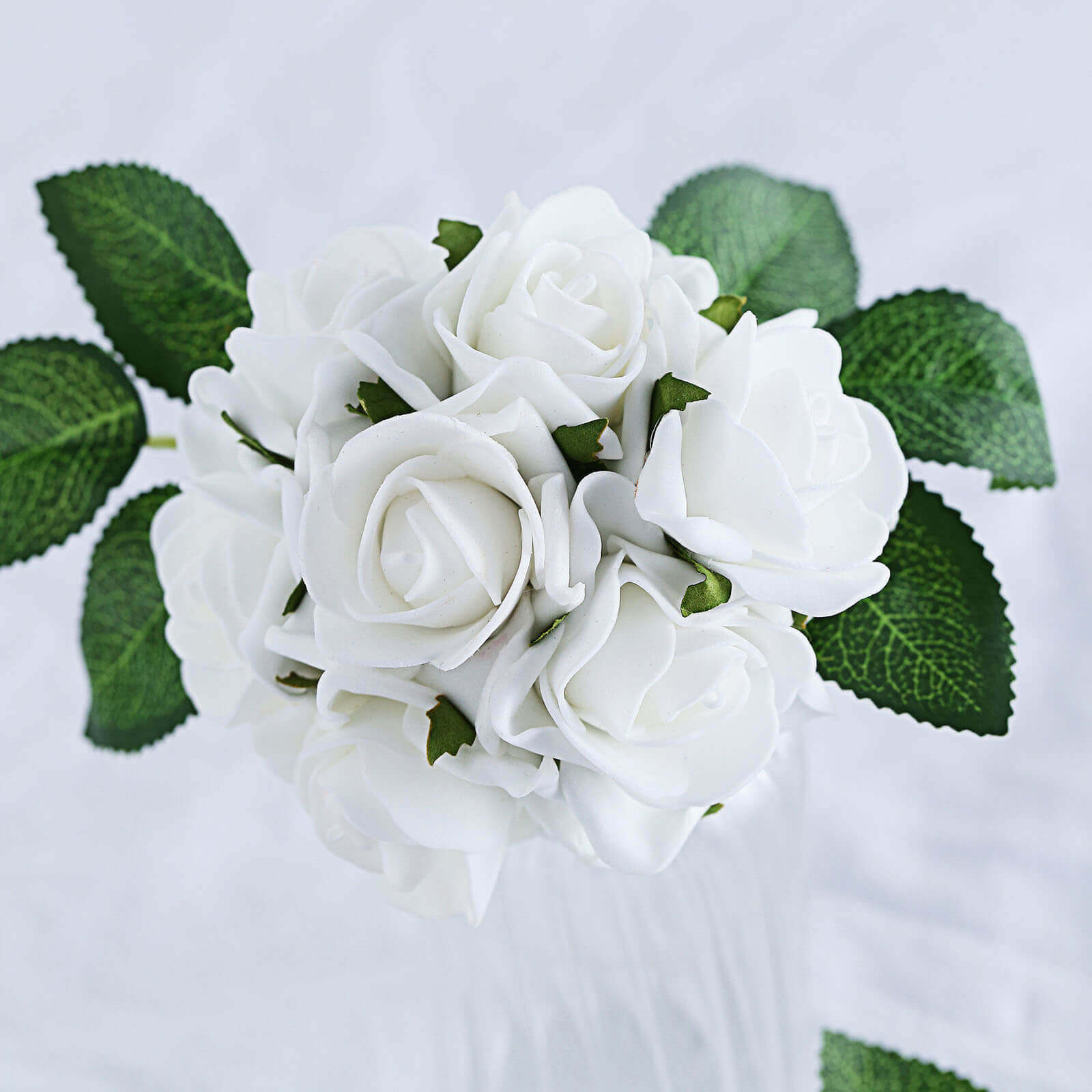 24 Roses 2" White Artificial Foam Flowers With Stem Wire and Leaves - Linen Luxes