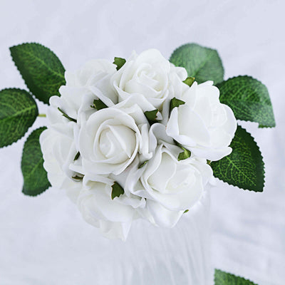 24 Roses 2" White Artificial Foam Flowers With Stem Wire and Leaves - Linen Luxes