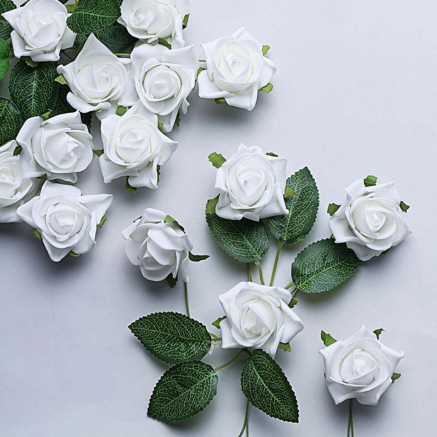 24 Roses 2" White Artificial Foam Flowers With Stem Wire and Leaves - Linen Luxes