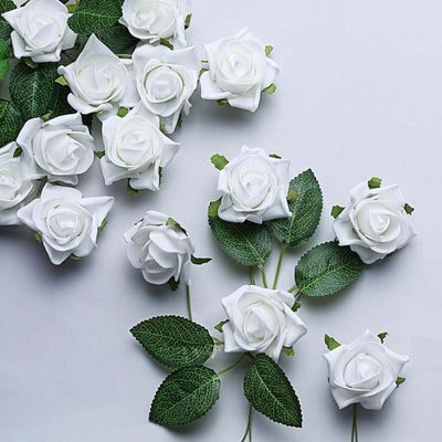 24 Roses 2" White Artificial Foam Flowers With Stem Wire and Leaves - Linen Luxes
