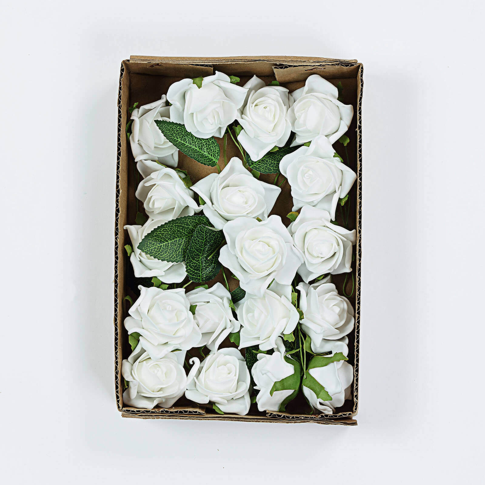 24 Roses 2" White Artificial Foam Flowers With Stem Wire and Leaves - Linen Luxes