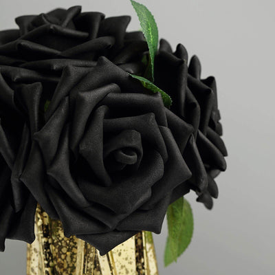 24 Roses 5" Black Artificial Foam Flowers With Stem Wire and Leaves - Linen Luxes