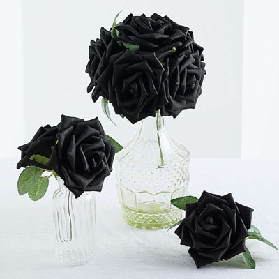 24 Roses 5" Black Artificial Foam Flowers With Stem Wire and Leaves - Linen Luxes