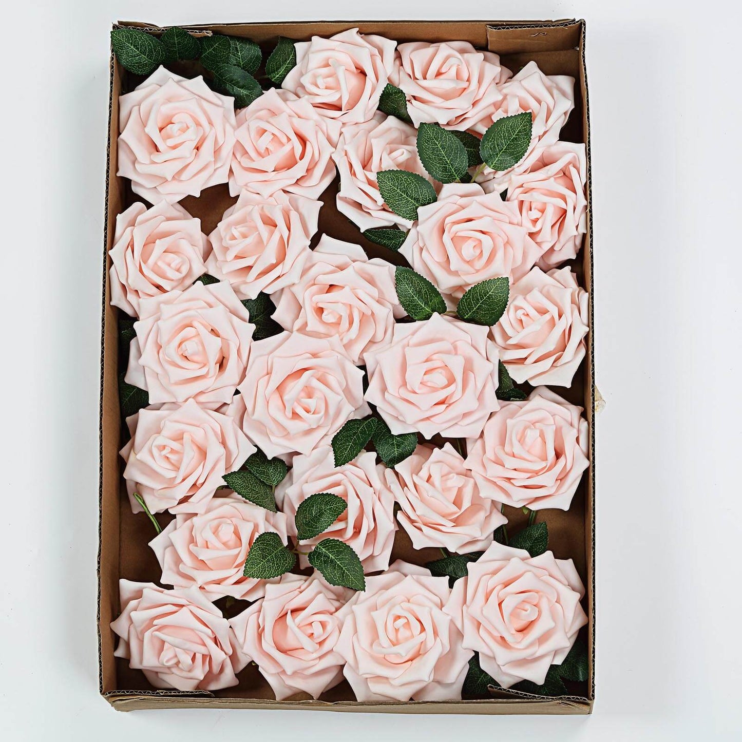 24 Roses 5" Blush Artificial Foam Flowers With Stem Wire and Leaves - Linen Luxes