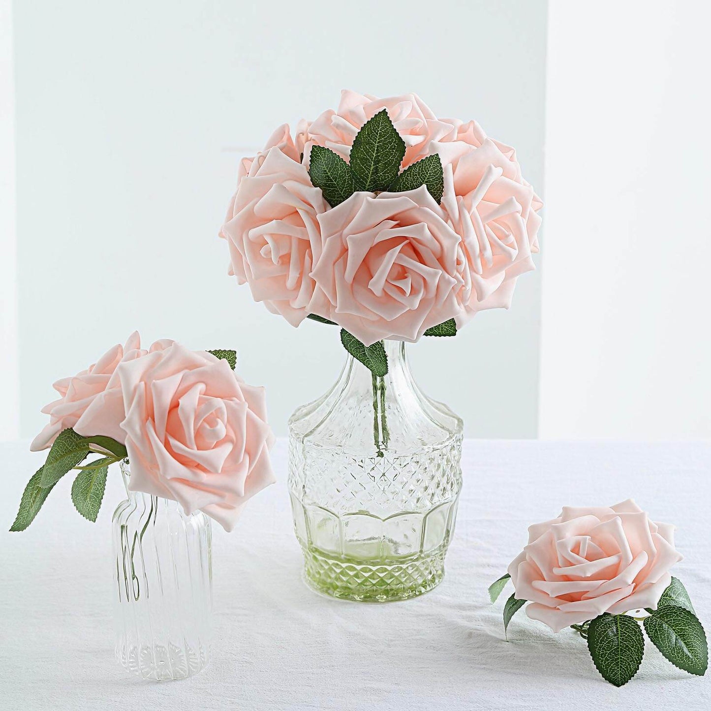 24 Roses 5" Blush Artificial Foam Flowers With Stem Wire and Leaves - Linen Luxes
