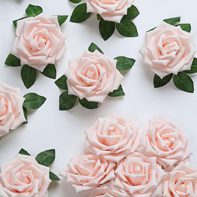 24 Roses 5" Blush Artificial Foam Flowers With Stem Wire and Leaves - Linen Luxes
