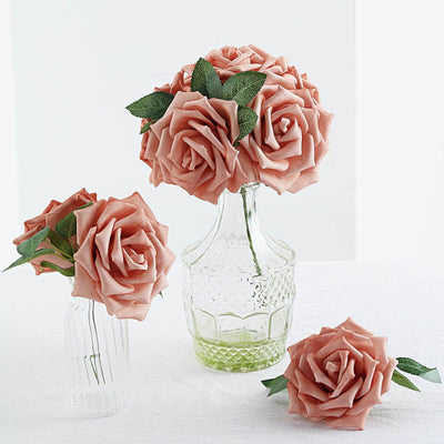 24 Roses 5" Dusty Rose Artificial Foam Flowers With Stem Wire and Leaves - Linen Luxes
