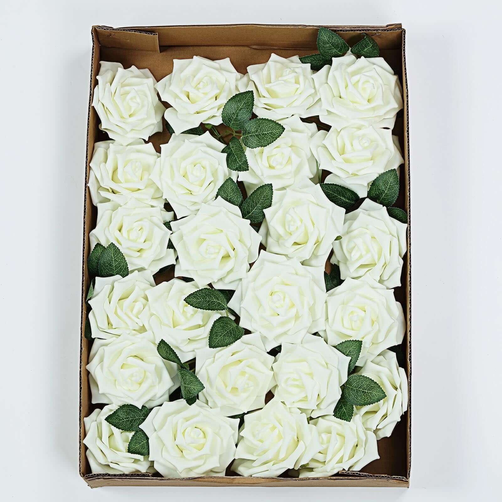 24 Roses 5" Ivory Artificial Foam Flowers With Stem Wire and Leaves - Linen Luxes