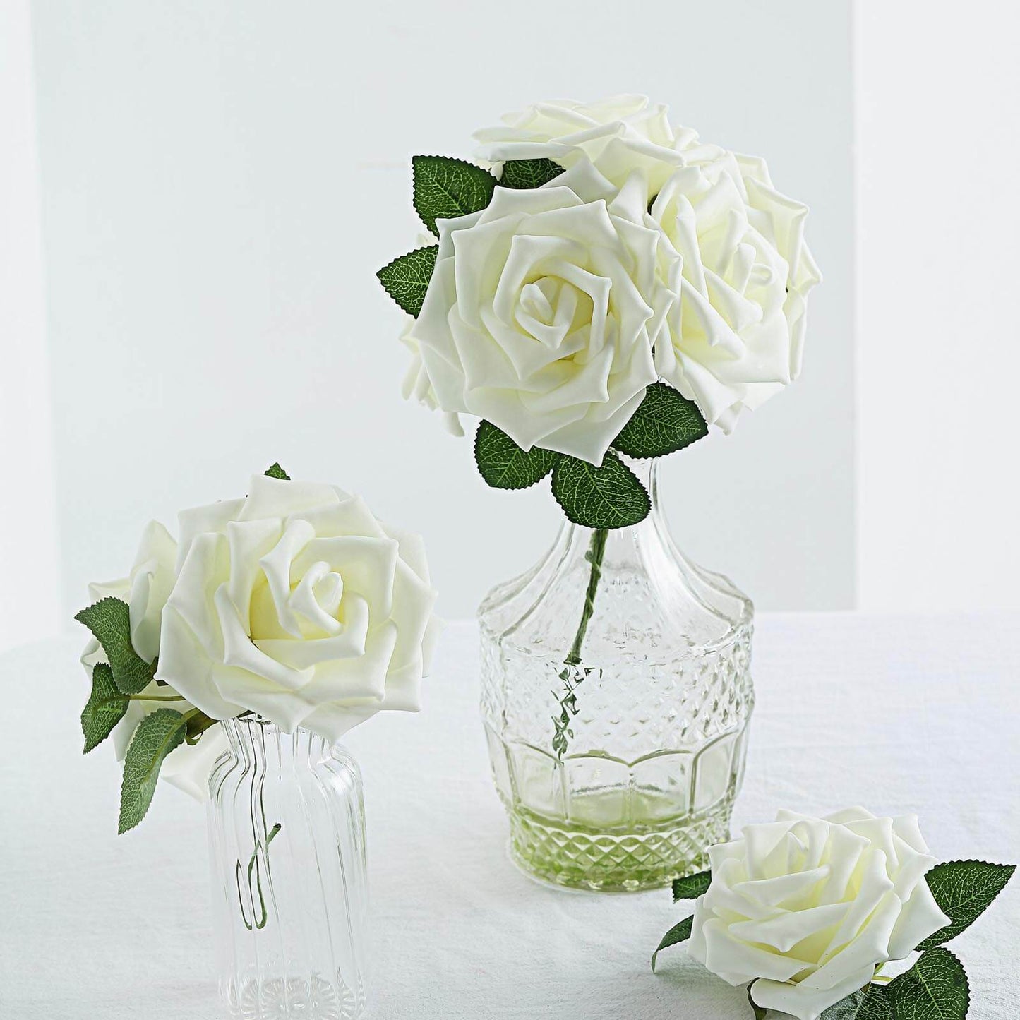 24 Roses 5" Ivory Artificial Foam Flowers With Stem Wire and Leaves - Linen Luxes