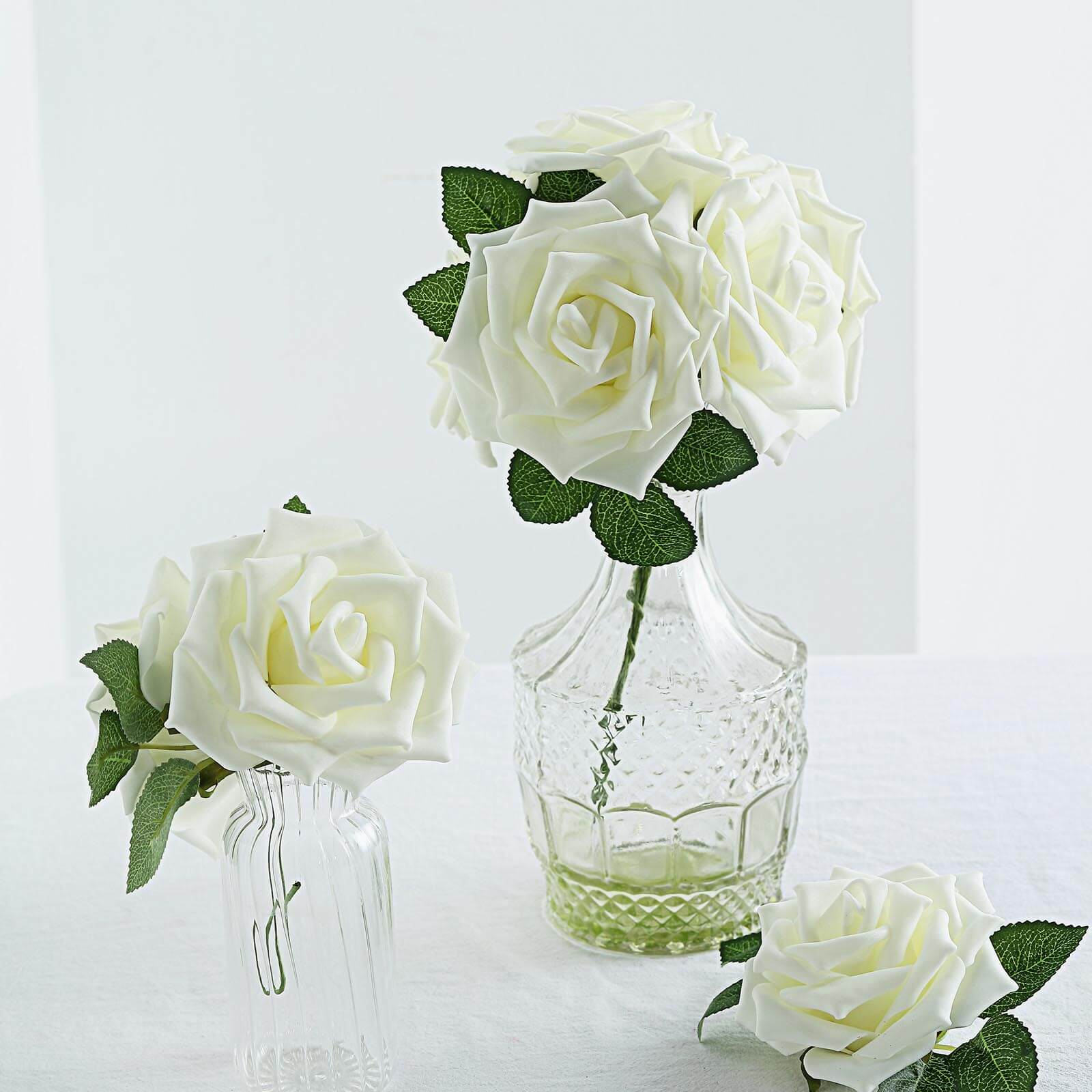 24 Roses 5" Ivory Artificial Foam Flowers With Stem Wire and Leaves - Linen Luxes