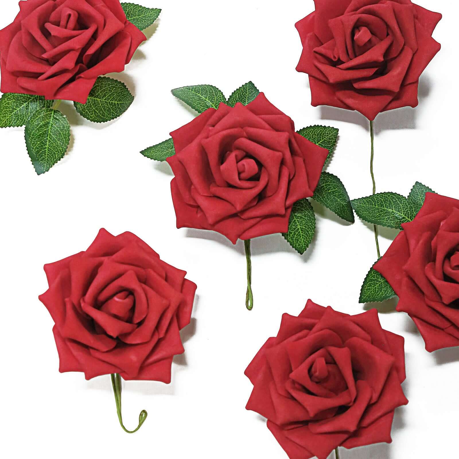 24 Roses 5" Red Artificial Foam Flowers With Stem Wire and Leaves - Linen Luxes