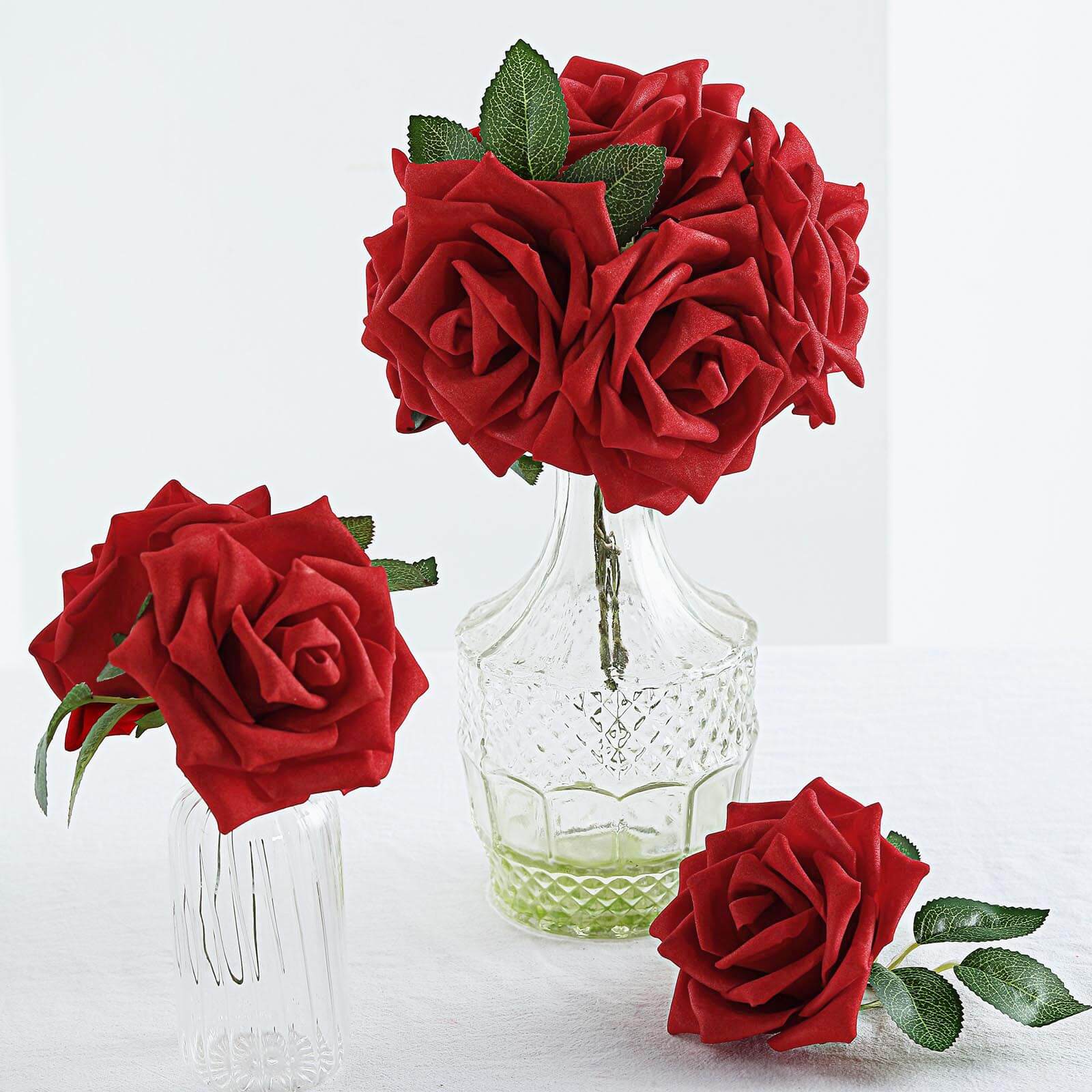 24 Roses 5" Red Artificial Foam Flowers With Stem Wire and Leaves - Linen Luxes