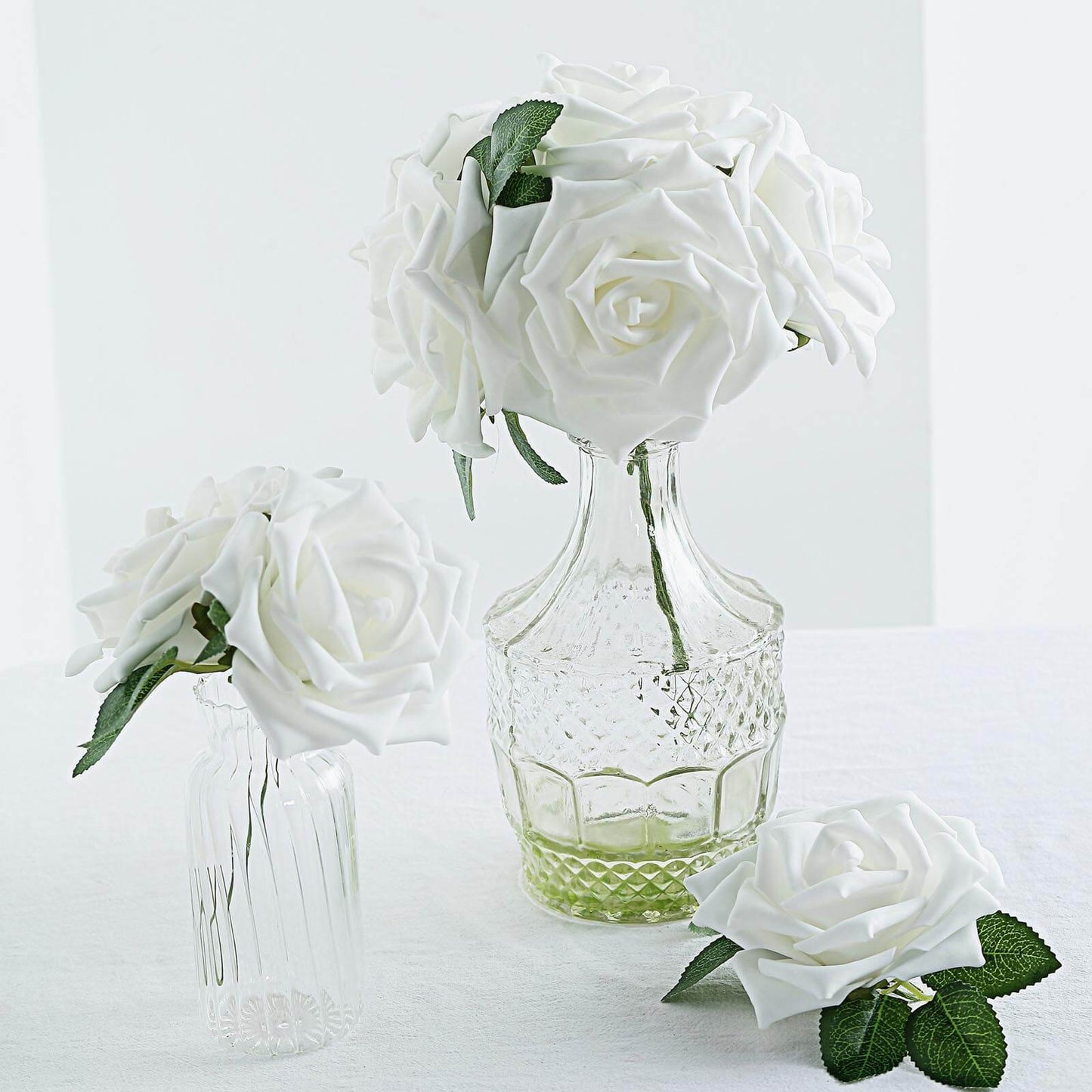 24 Roses 5" White Artificial Foam Flowers With Stem Wire and Leaves - Linen Luxes
