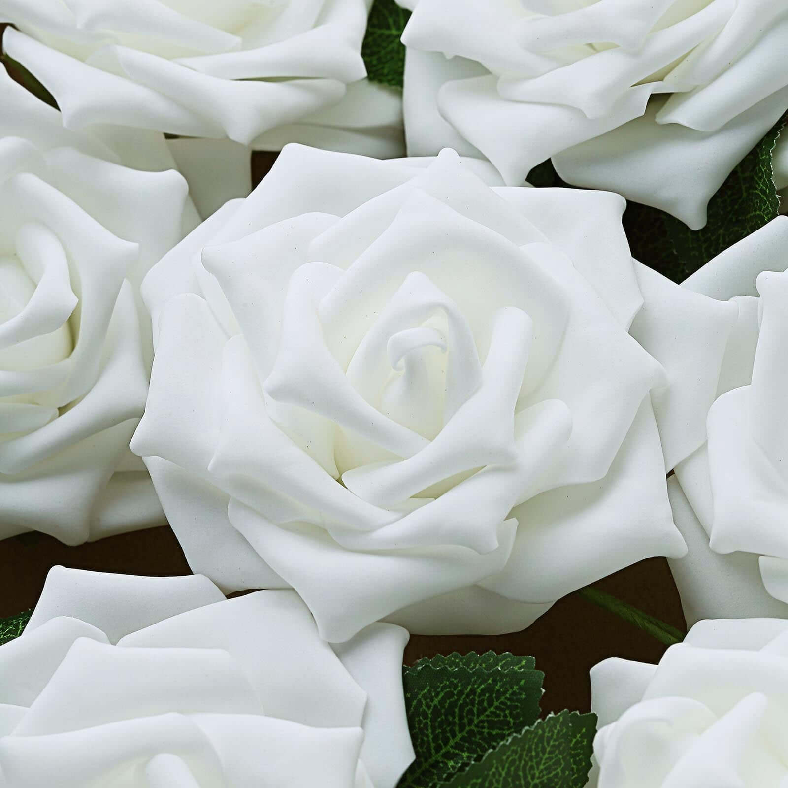24 Roses 5" White Artificial Foam Flowers With Stem Wire and Leaves - Linen Luxes