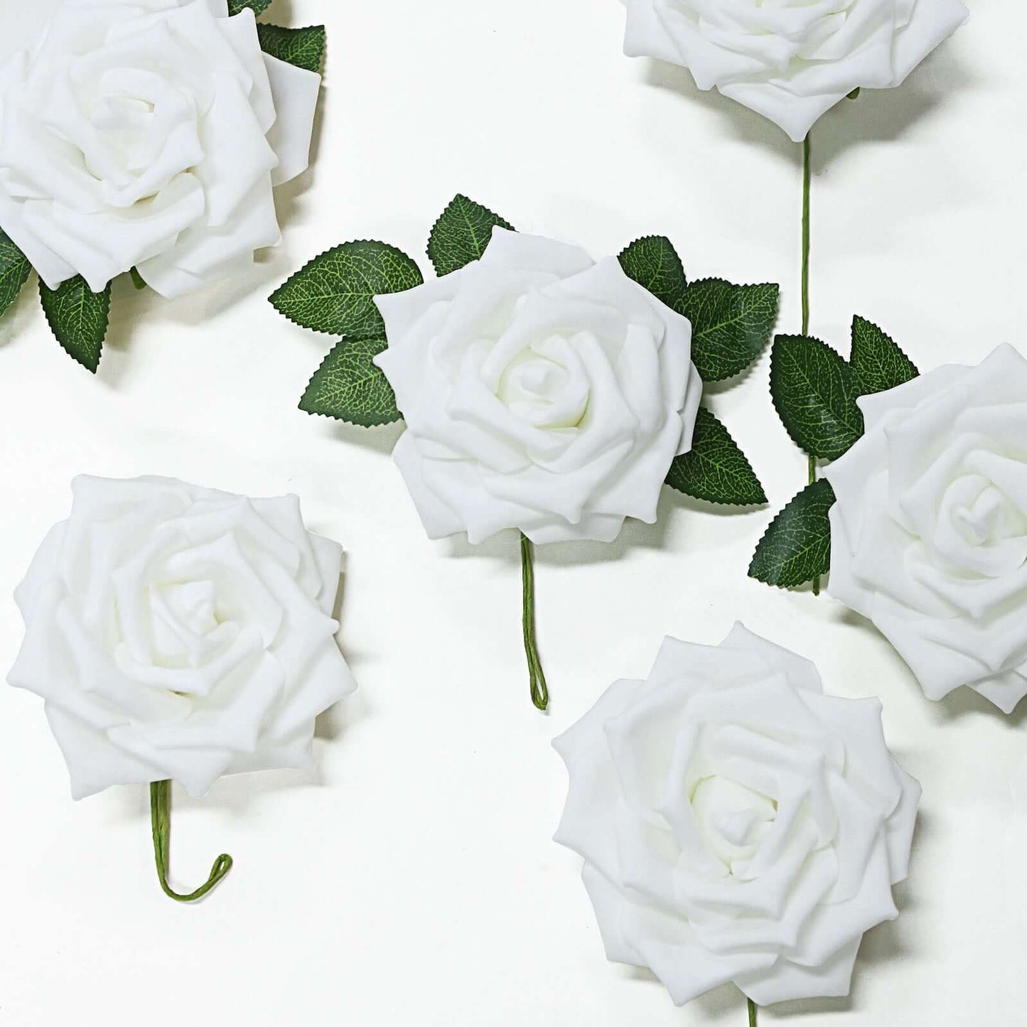 24 Roses 5" White Artificial Foam Flowers With Stem Wire and Leaves - Linen Luxes