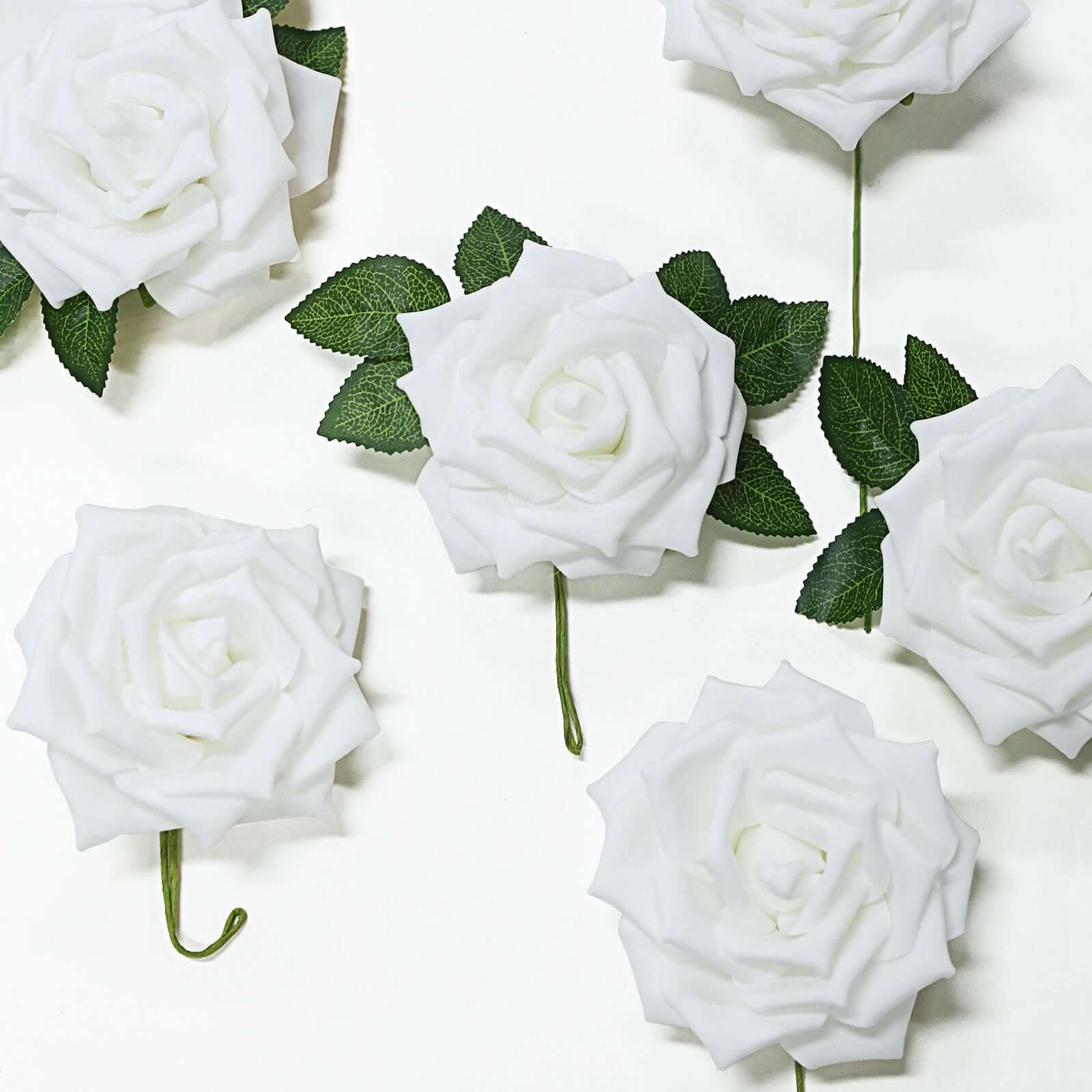 24 Roses 5" White Artificial Foam Flowers With Stem Wire and Leaves - Linen Luxes