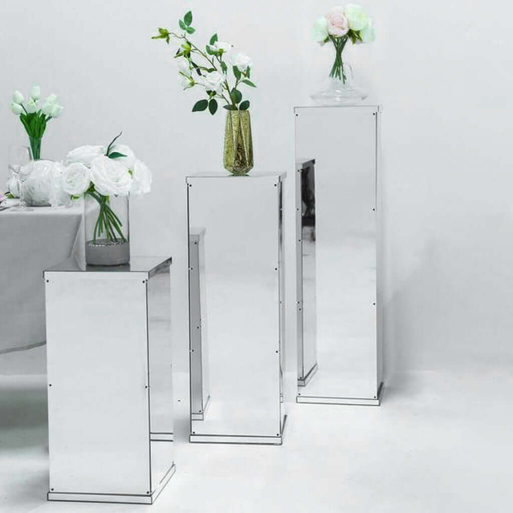 24" Silver Mirror Finish Acrylic Display Box, Pedestal Riser with Interchangeable Lid and Base - Linen Luxes
