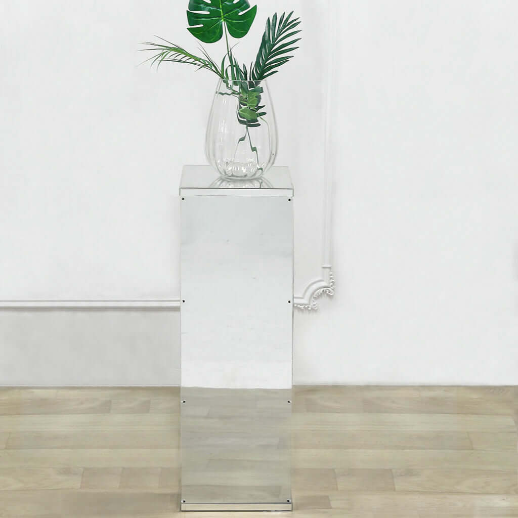 24" Silver Mirror Finish Acrylic Display Box, Pedestal Riser with Interchangeable Lid and Base - Linen Luxes