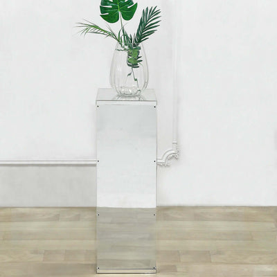 24" Silver Mirror Finish Acrylic Display Box, Pedestal Riser with Interchangeable Lid and Base - Linen Luxes