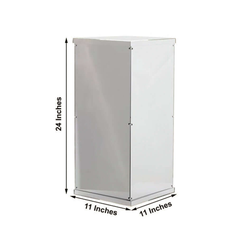 24" Silver Mirror Finish Acrylic Display Box, Pedestal Riser with Interchangeable Lid and Base - Linen Luxes
