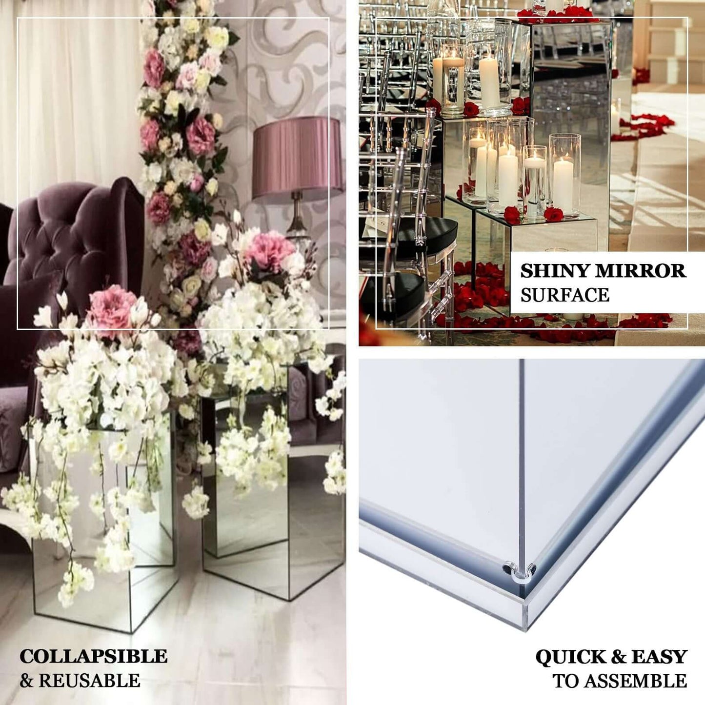 24" Silver Mirror Finish Acrylic Display Box, Pedestal Riser with Interchangeable Lid and Base - Linen Luxes