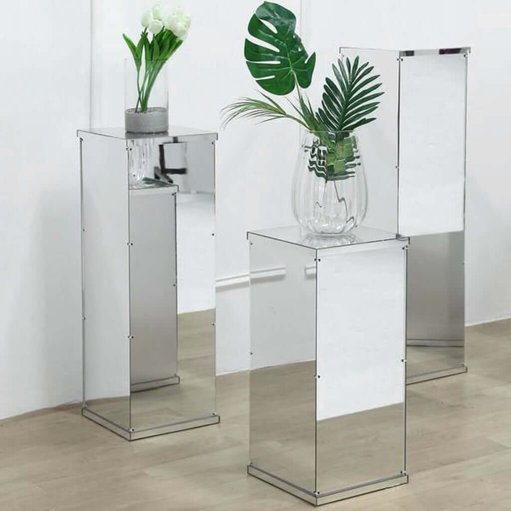 24" Silver Mirror Finish Acrylic Display Box, Pedestal Riser with Interchangeable Lid and Base - Linen Luxes