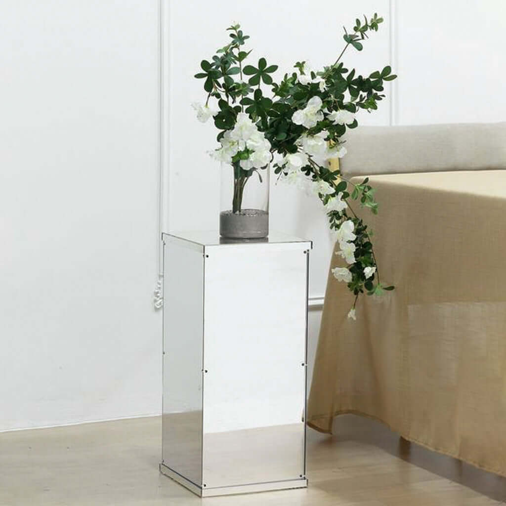 24" Silver Mirror Finish Acrylic Display Box, Pedestal Riser with Interchangeable Lid and Base - Linen Luxes