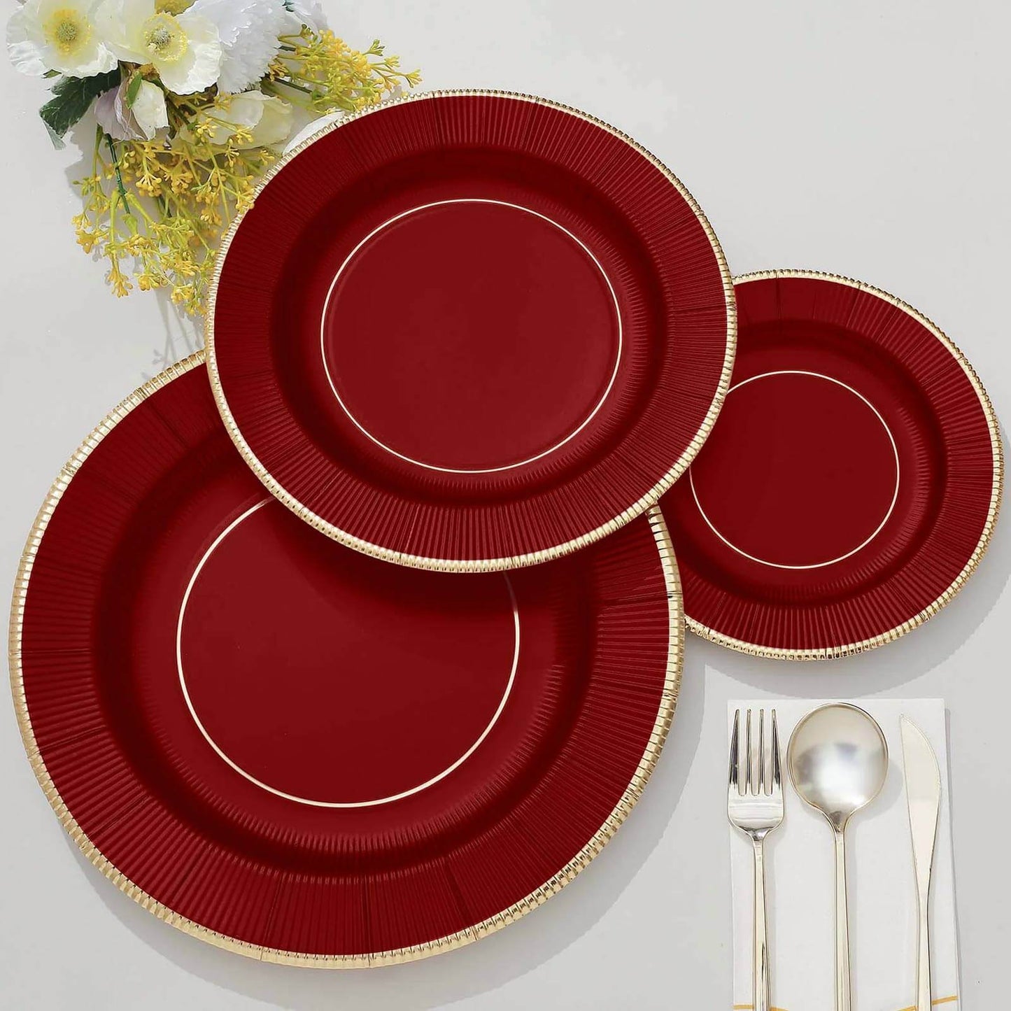 25-Pack Paper 10" Round Dinner Plates in Burgundy Sunray Design with Gold Rim - Disposable Heavy Duty 350GSM Party Plates