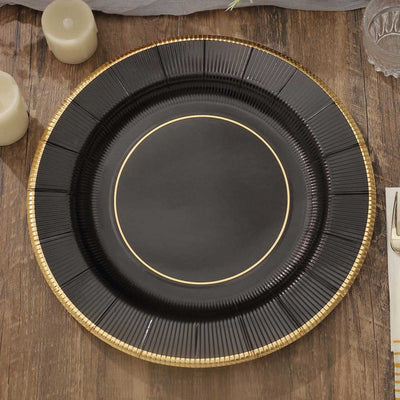 25-Pack Disposable Round Charger Plates in Black Sunray Design with Gold Rim - 350GSM Heavy Duty Paper Chargers 13"