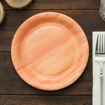 25-Pack Paper 7" Round Dessert Plates in Natural Wood Grain Print - Disposable Appetizer Salad Plates for Rustic Farmhouse Style Events