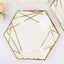 25-Pack Paper 7" Hexagon Dessert Plates in White with Gold Geometric Lines & Rim - Stylish Disposable Geometric 300GSM Appetizer Salad Plates for Events & Banquets