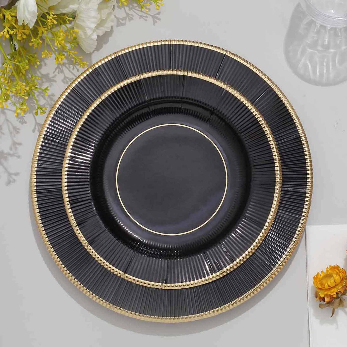 25-Pack Paper 8" Round Dessert Plates in Black Sunray Design with Gold Rim - Disposable Heavy Duty 350GSM Appetizer Salad Plates