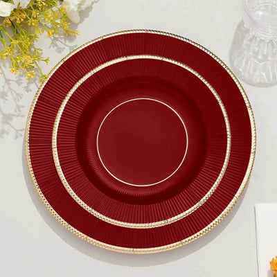 25-Pack Paper 8" Round Dessert Plates in Burgundy Sunray Design with Gold Rim - Disposable Heavy Duty 350GSM Appetizer Salad Plates