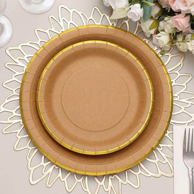25-Pack Kraft Paper 8" Round Dessert Plates in Natural Brown with Gold Lined Rim - Disposable Salad Appetizer Plates for Rustic & Vintage Inspired Events