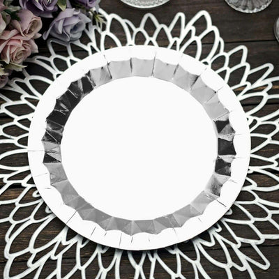 25-Pack Paper 9" Round Dinner Plates in Metallic Silver with Geometric Prism Rim - Disposable 400GSM Party Plates