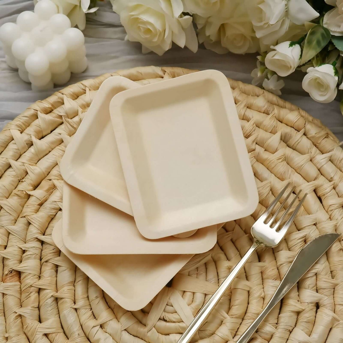 25 - Pack Birchwood 4"x5" Rectangle Dessert Plates - Natural Eco Friendly Wooden Disposable Plates for Farmhouse - Style Events, Parties & Gatherings - Linen Luxes