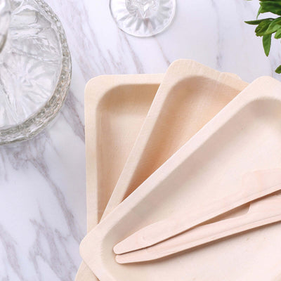 25 - Pack Birchwood 5"x8" Rectangle Dessert Serving Plates - Natural Eco Friendly Wooden Disposable Plates for Farmhouse - Style Events, Parties & Gatherings - Linen Luxes