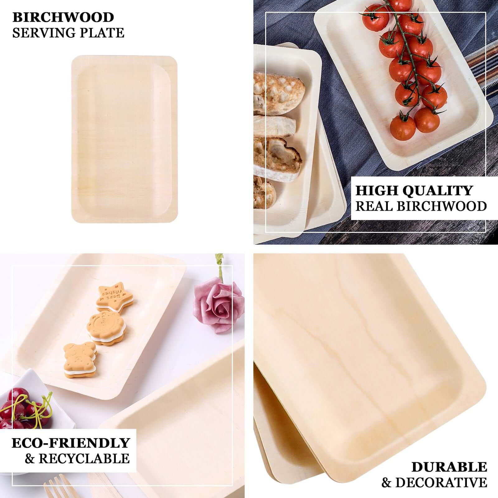 25 - Pack Birchwood 5"x8" Rectangle Dessert Serving Plates - Natural Eco Friendly Wooden Disposable Plates for Farmhouse - Style Events, Parties & Gatherings - Linen Luxes